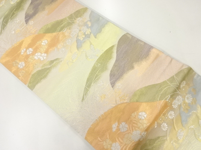 リサイクル　山並みに鶴模様織出し袋帯